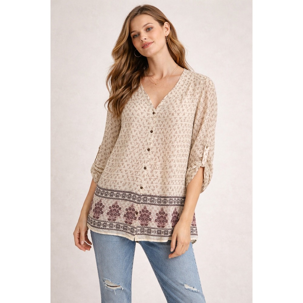 En Creme Women medium Boho Button Down Tunic Roll Tab Sleeve Cream boho‎ flowy
